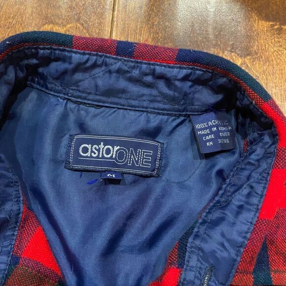 Astor One Vintage 80s Plaid Red Navy Green Flannel Shirt Men's Size Medium - Picture 6 of 8